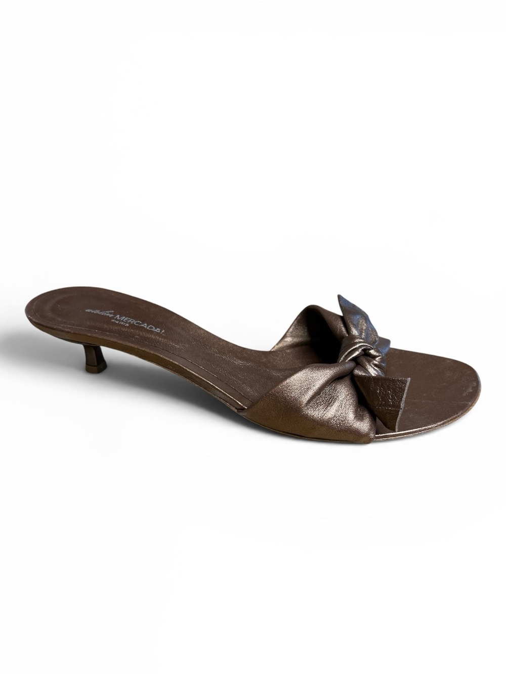 Atelier Mercadal Size 38.5 Bronze Metallic Bow Slide Kitten Heel Sandals New
